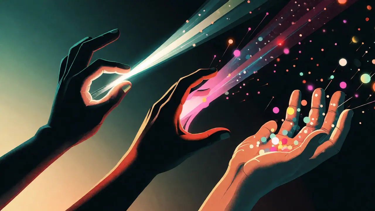Stylized hands manipulating streams of glowing particles to represent temperature and probability filtering in AI generation.
