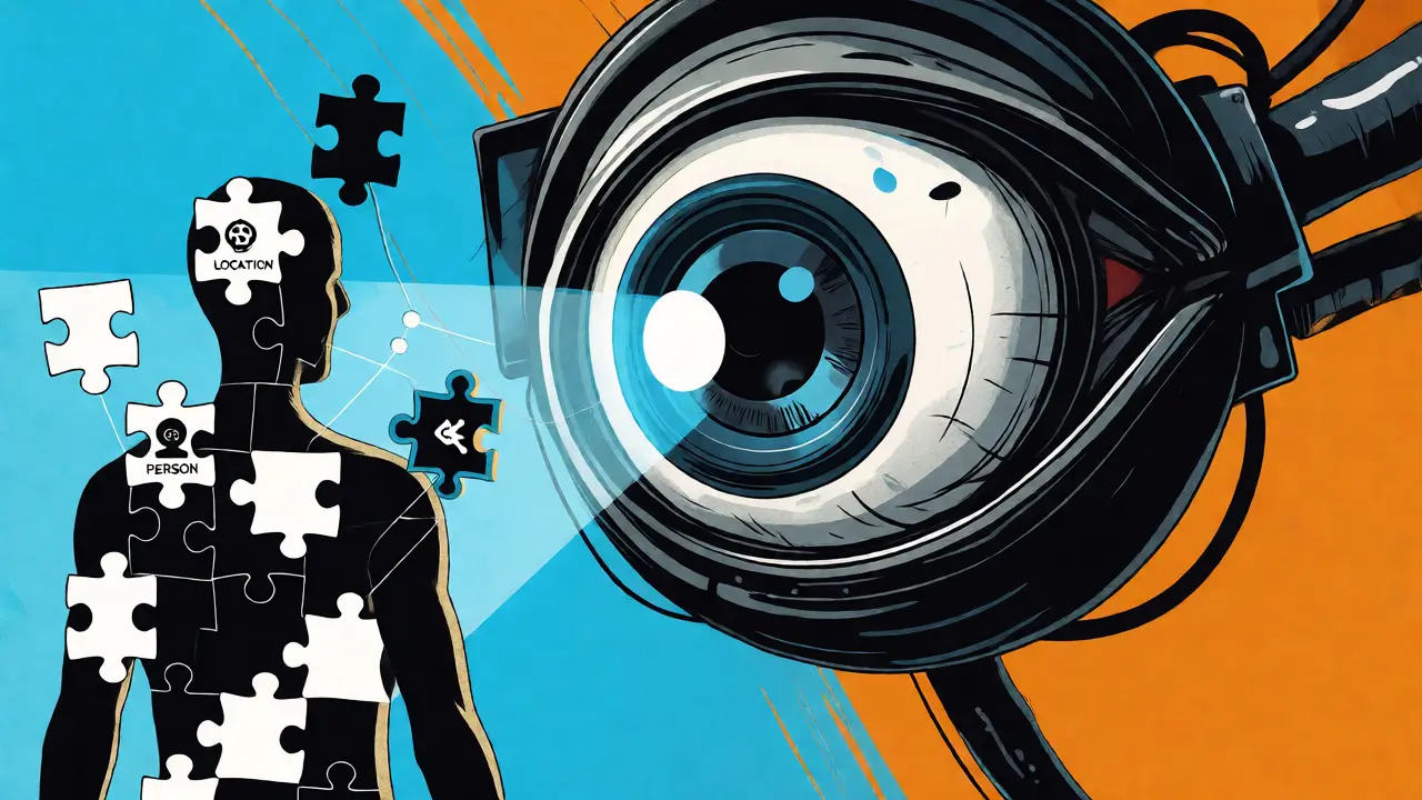 Stylized mechanical eye analyzing fragmented human silhouettes to depict AI inference attacks.