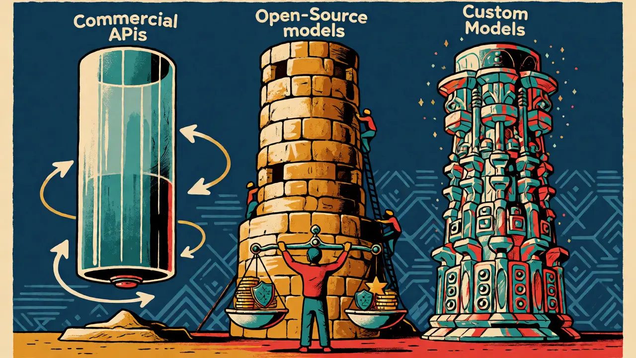 Three distinct towers representing API, open-source, and custom AI models balanced by a figure.