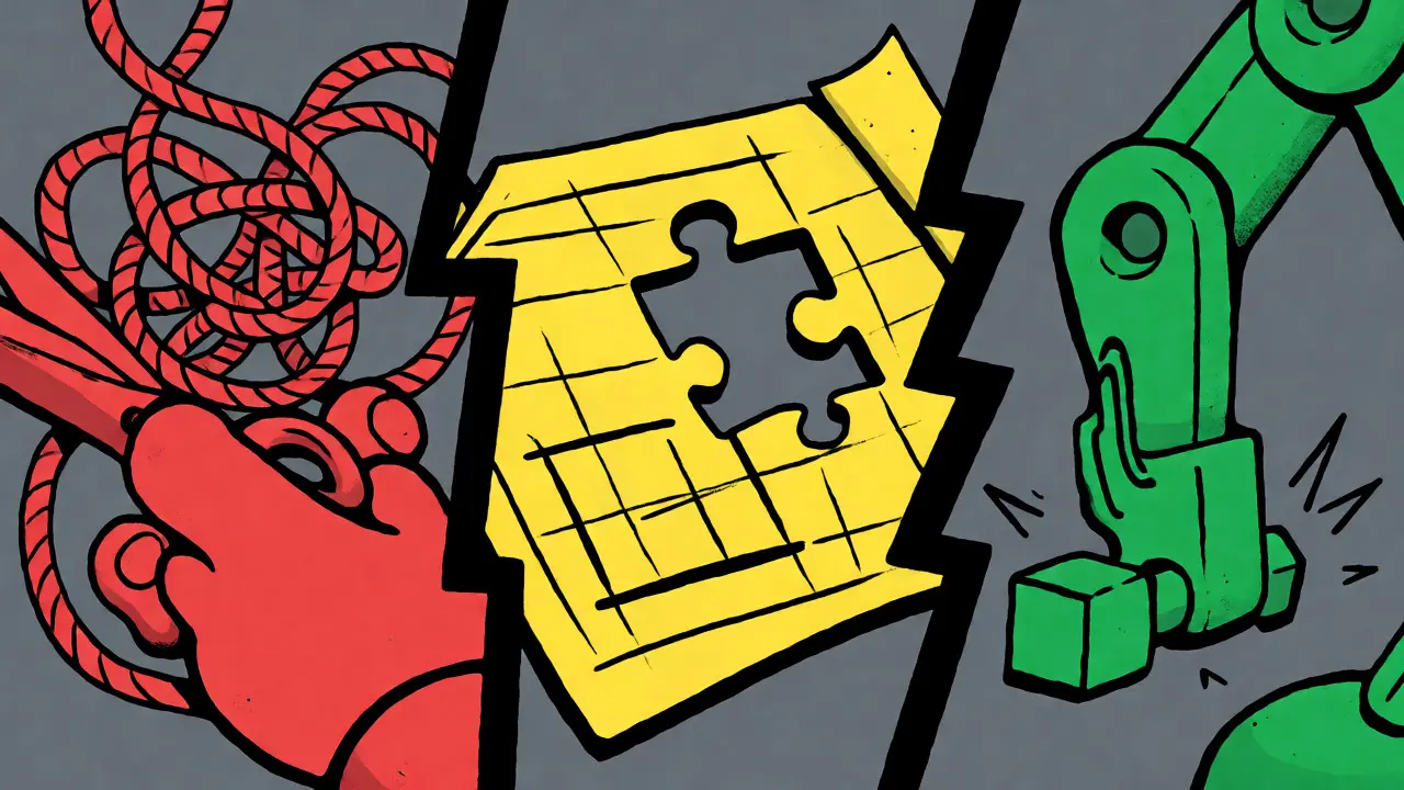 Three-panel illustration showing tangled reasoning, incomplete planning, and faulty execution.