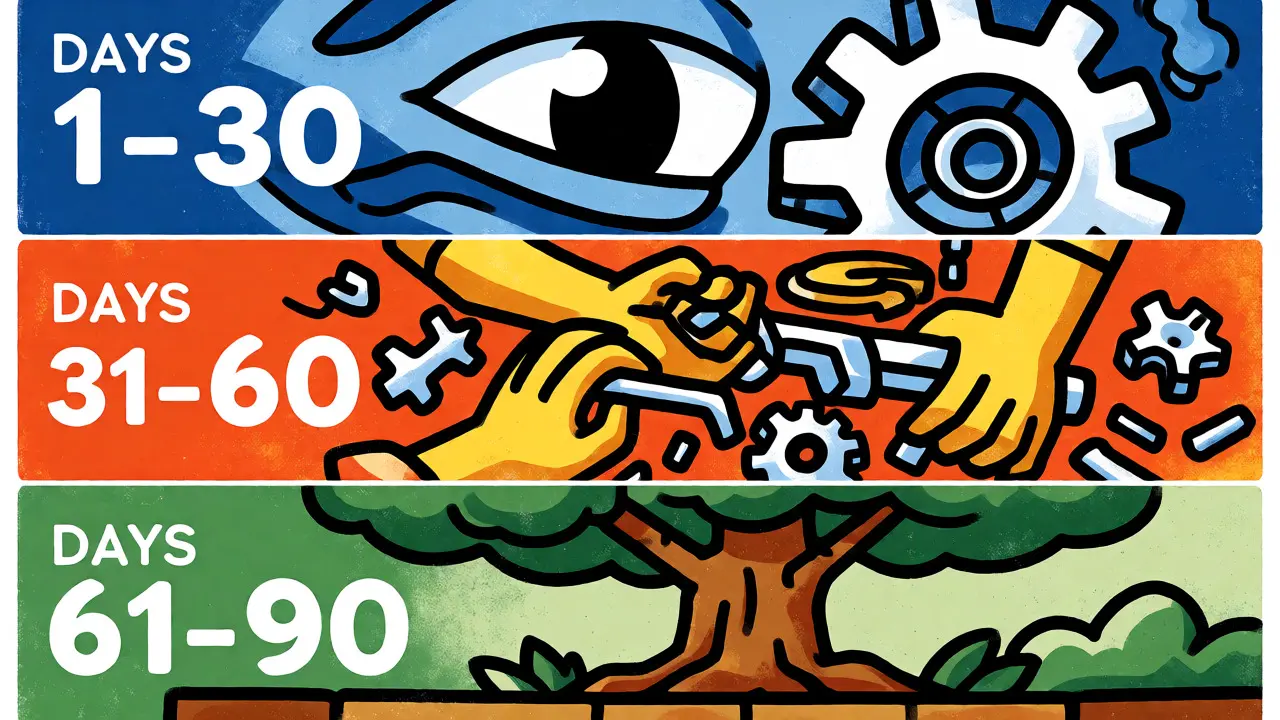 Three-tiered illustration showing diagnosis, building, and scaling phases using vibrant colors and graphic shapes.