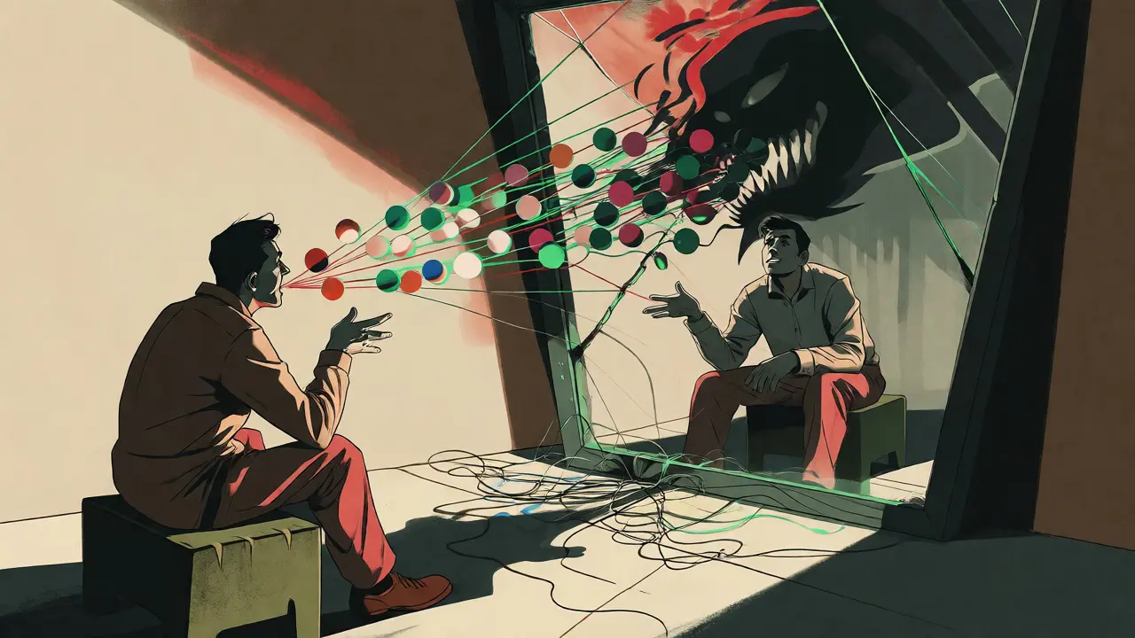 Two people separated by a distorted mirror showing tangled data threads.