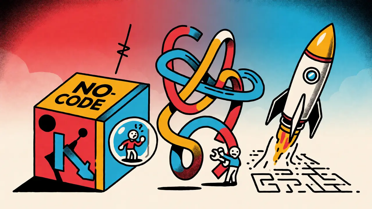 Visual metaphor comparing No-Code limitations, Low-Code complexity, and IDE speed.